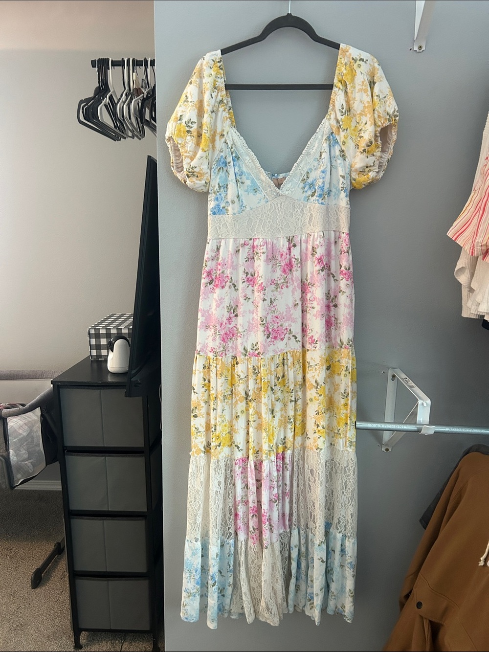 Xhilaration Floral Tiered Maxi Dress in Yellow, Pink, Blue & Cream